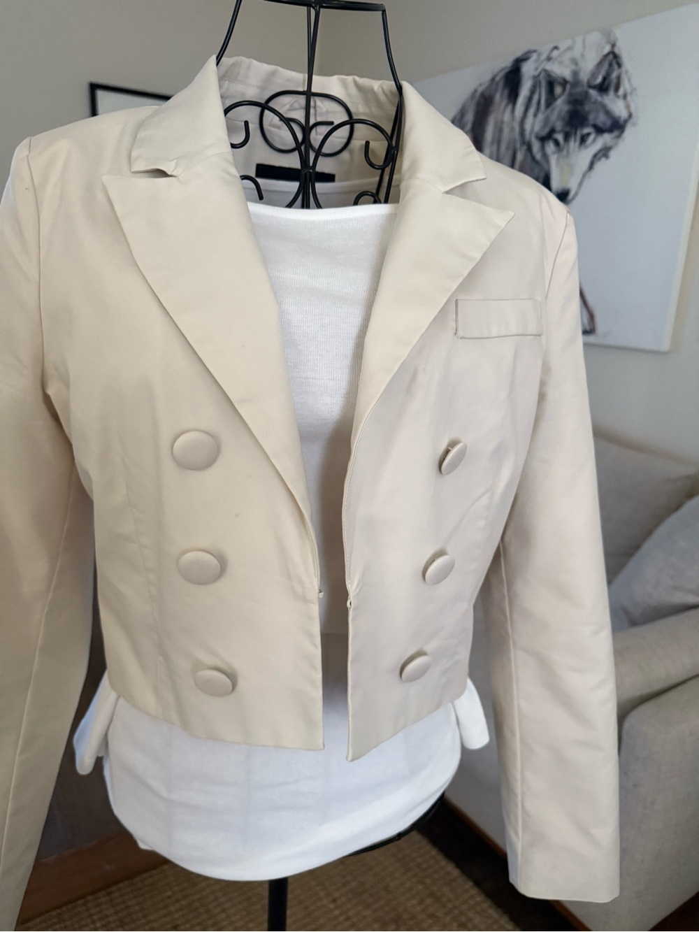 7 For All Mankind Cropped Double-Breasted Blazer in Cream